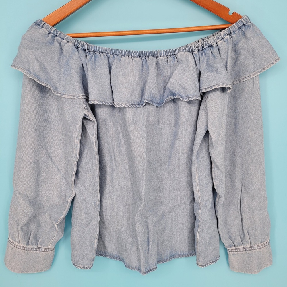 7 For All Mankind Blue Lyocell Off Shoulder Ruffle Denim Peasant Top Blouse M
